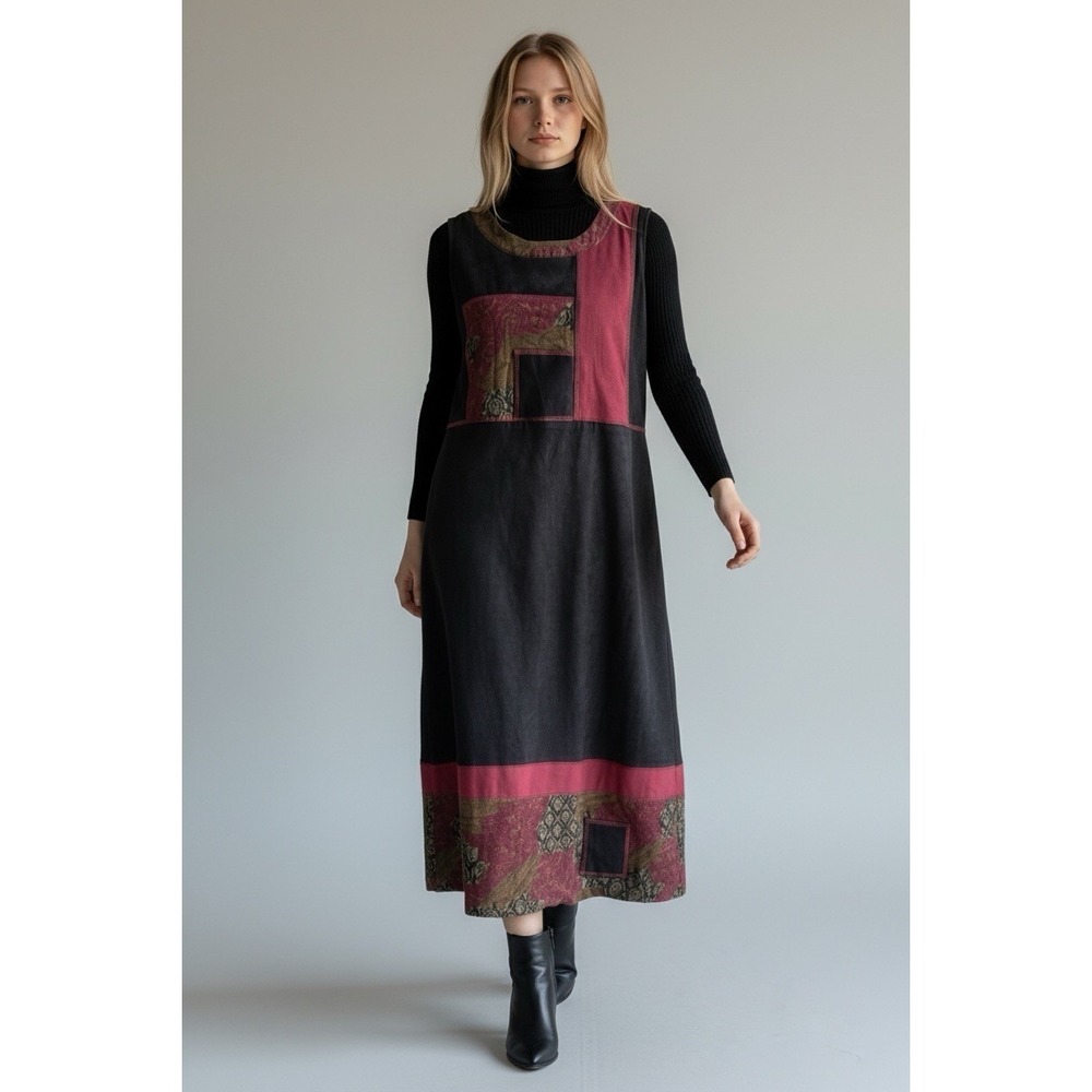 VTG Maxi Jumper Dress Hippie Black Patchwork Art Fairy Witchy Cottagecore Medium